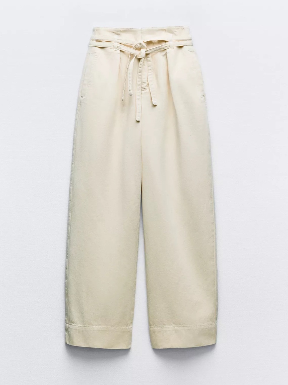 Zara High-Waist Drawstring Cotton Pants - Ecru